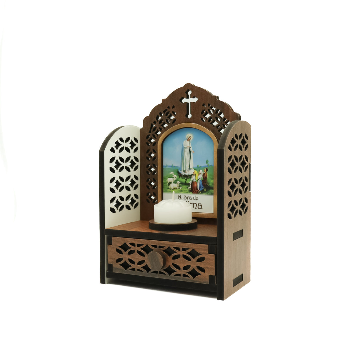 Porta Terço imbuia Capelinha com Vela - Nossa Senhora de Fátima