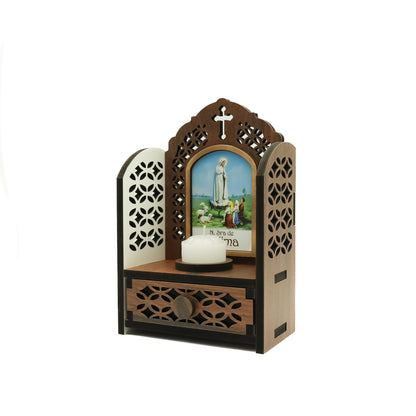 Porta Terço imbuia Capelinha com Vela - Nossa Senhora de Fátima