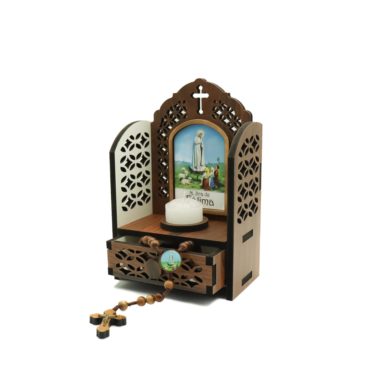 Porta Terço imbuia Capelinha com Vela - Nossa Senhora de Fátima