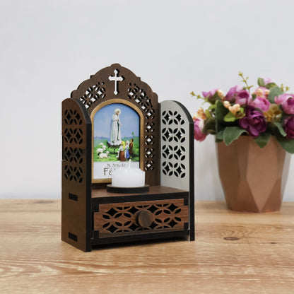 Porta Terço imbuia Capelinha com Vela - Nossa Senhora de Fátima