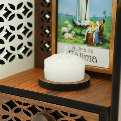 Porta Terço imbuia Capelinha com Vela - Nossa Senhora de Fátima