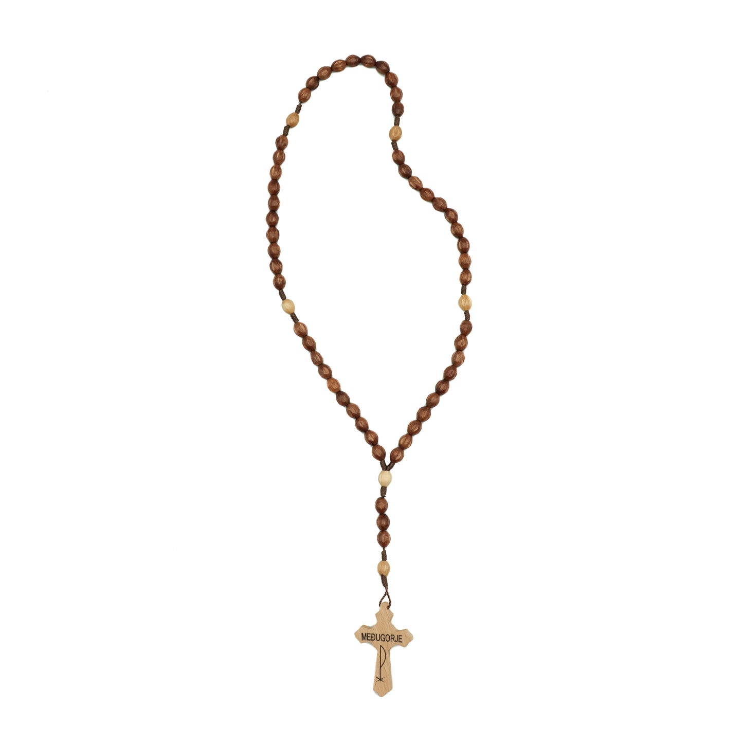 Terço madeira contas frizadas cordão marrom escuro cruz de madeira com medalha de São Bento prata - Medjugorje