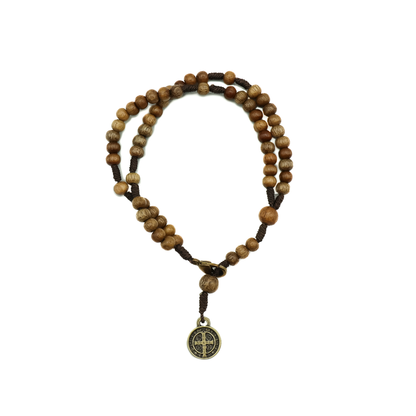 Pulseira Terço Madeira Imbuia - Medalha São Bento mini Ouro Velho