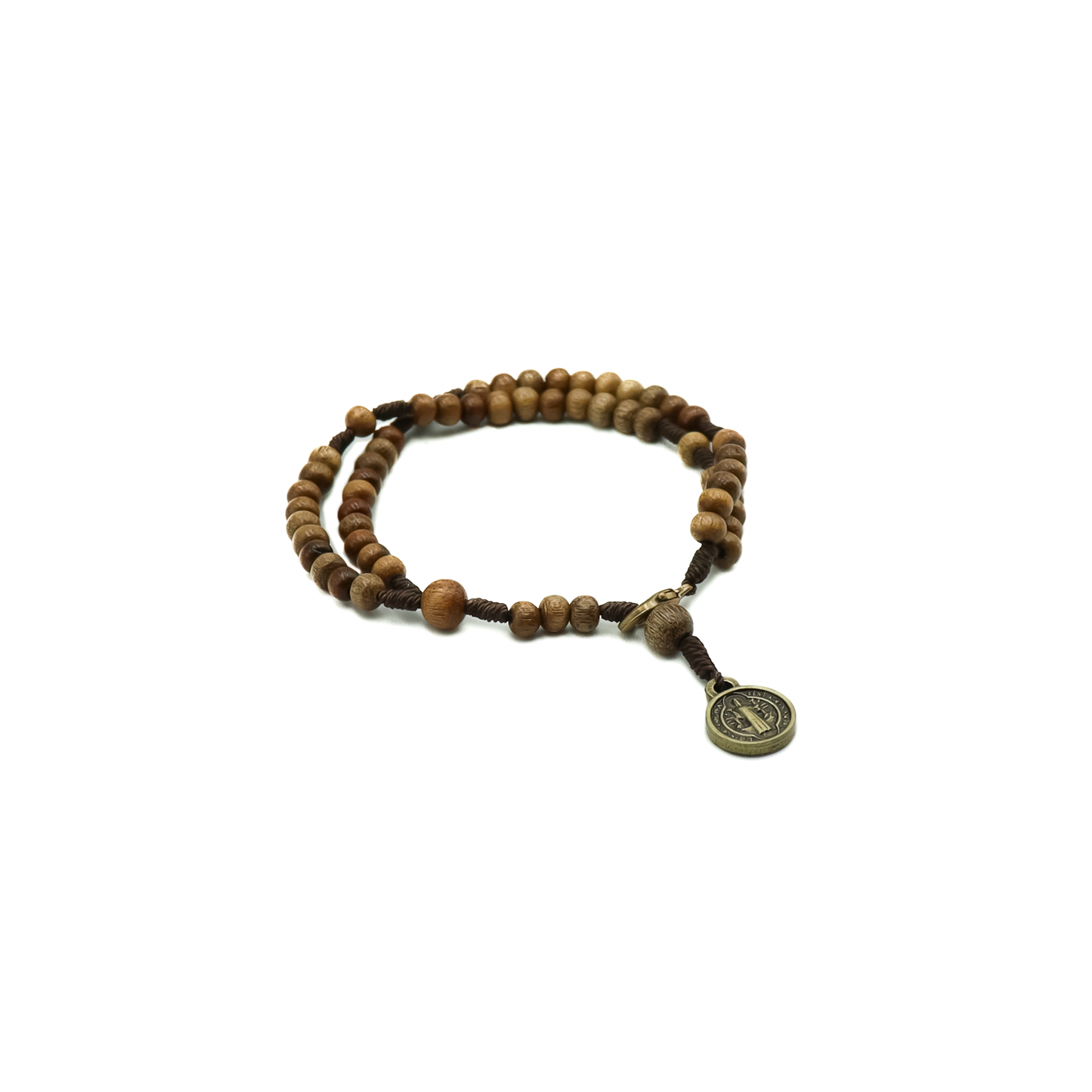 Pulseira Terço Madeira Imbuia - Medalha São Bento mini Ouro Velho