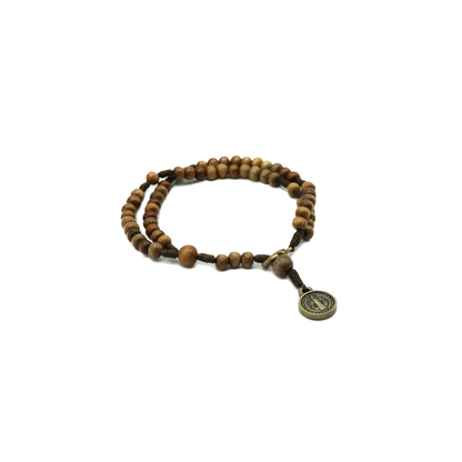 Pulseira Terço Madeira Imbuia - Medalha São Bento mini Ouro Velho