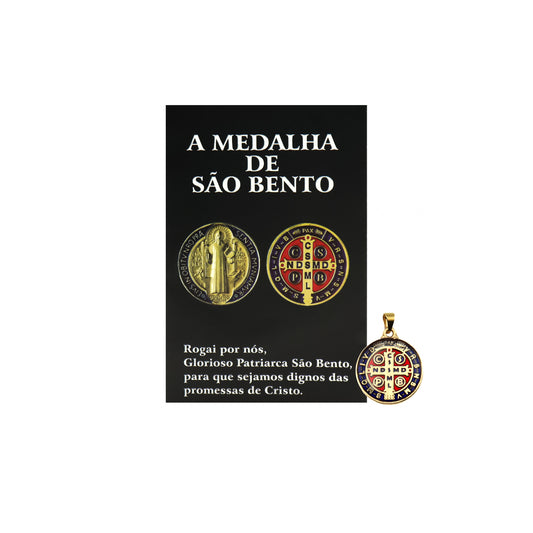 Medalha São Bento 20 mm Dourada Resinada com Folheto