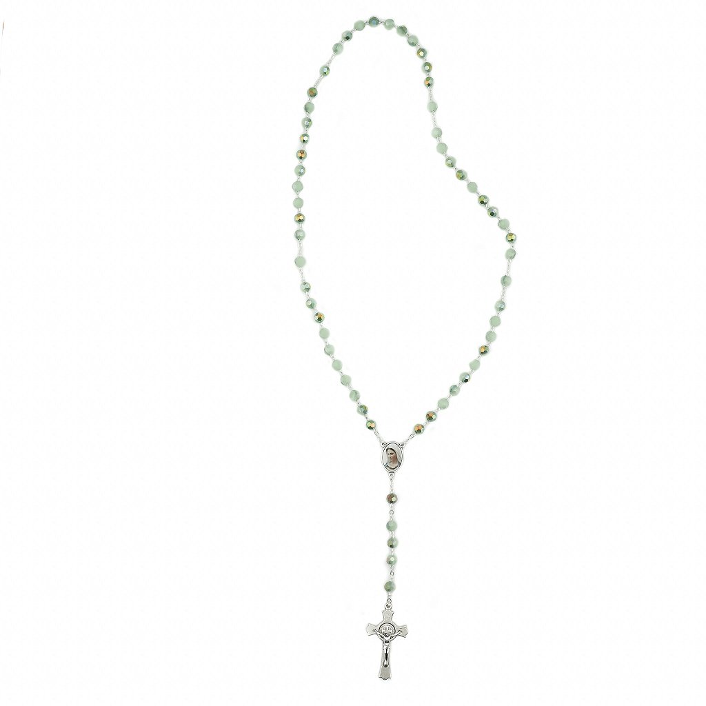 Terço Cristal Verde com Crucifixo de São Bento - Medjugorje