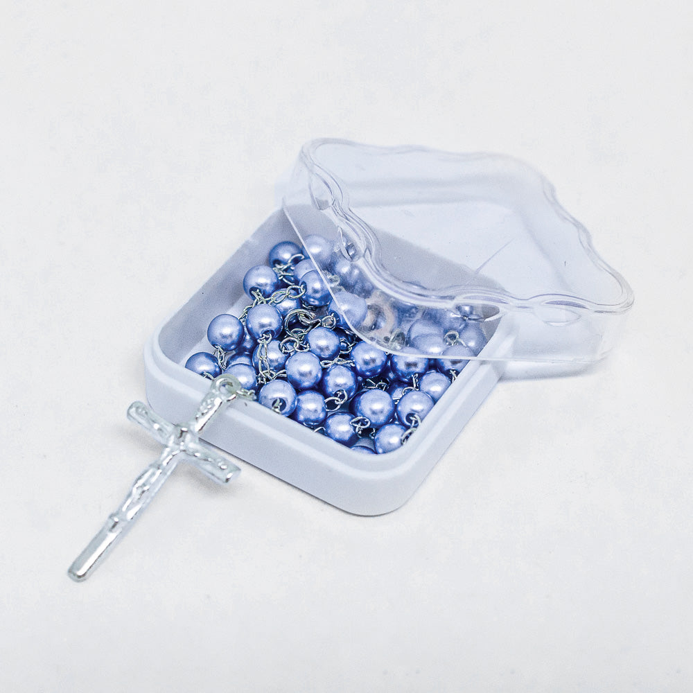 Terço Pérola 6mm na Caixinha de Acrílico - Azul