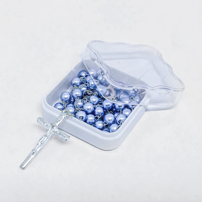 Terço Pérola 6mm na Caixinha de Acrílico - Azul