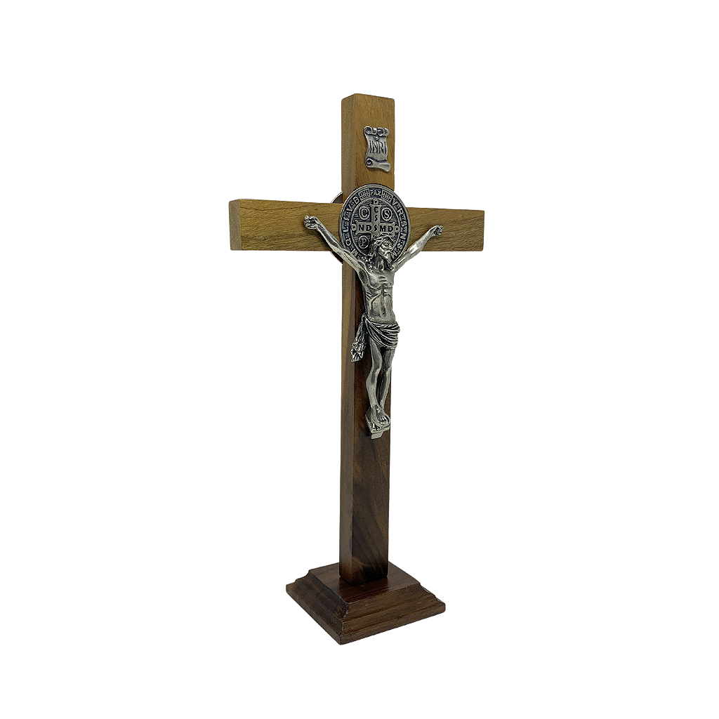 Crucifixo Madeira São Bento 33 cm Para Mesa - Parte Níquel
