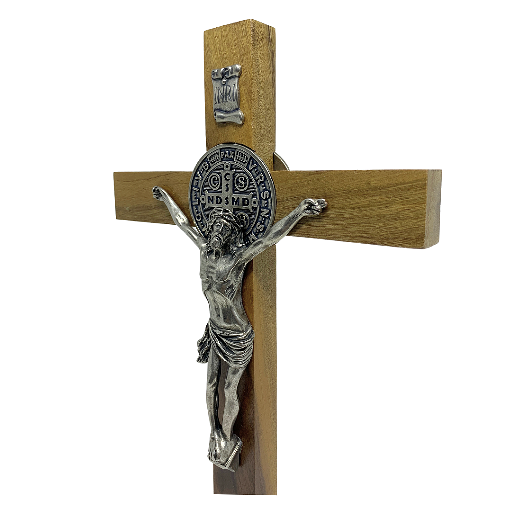 Crucifixo Madeira São Bento 33 cm Para Mesa - Parte Níquel