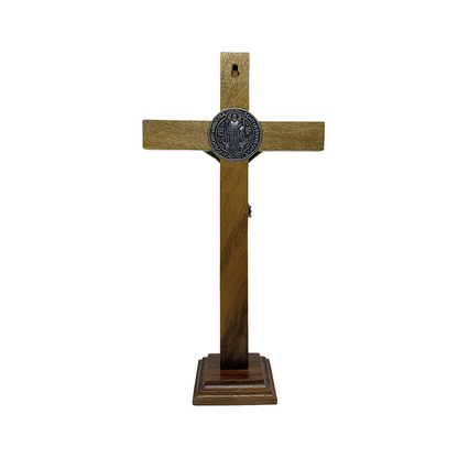 Crucifixo Madeira São Bento 33 cm Para Mesa - Parte Níquel