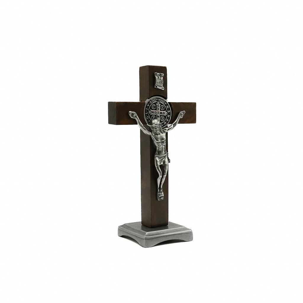 Crucifixo Madeira 11 cm para mesa Niquel com Medalha de São Bento