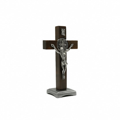 Crucifixo Madeira 11 cm para mesa Niquel com Medalha de São Bento