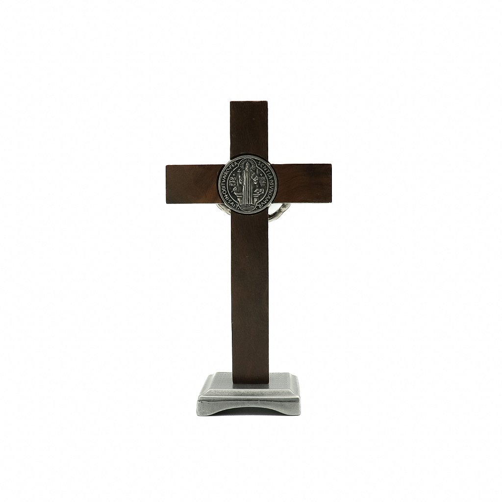Crucifixo Madeira 11 cm para mesa Niquel com Medalha de São Bento