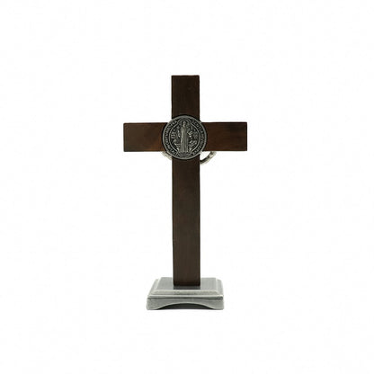Crucifixo Madeira 11 cm para mesa Niquel com Medalha de São Bento