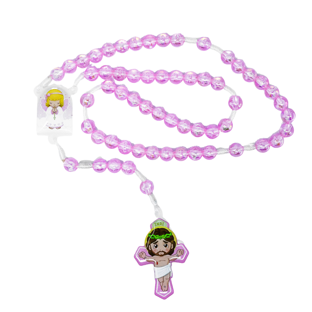 Terço Infantil Com Saquinho - Anjo da Guarda Rosa