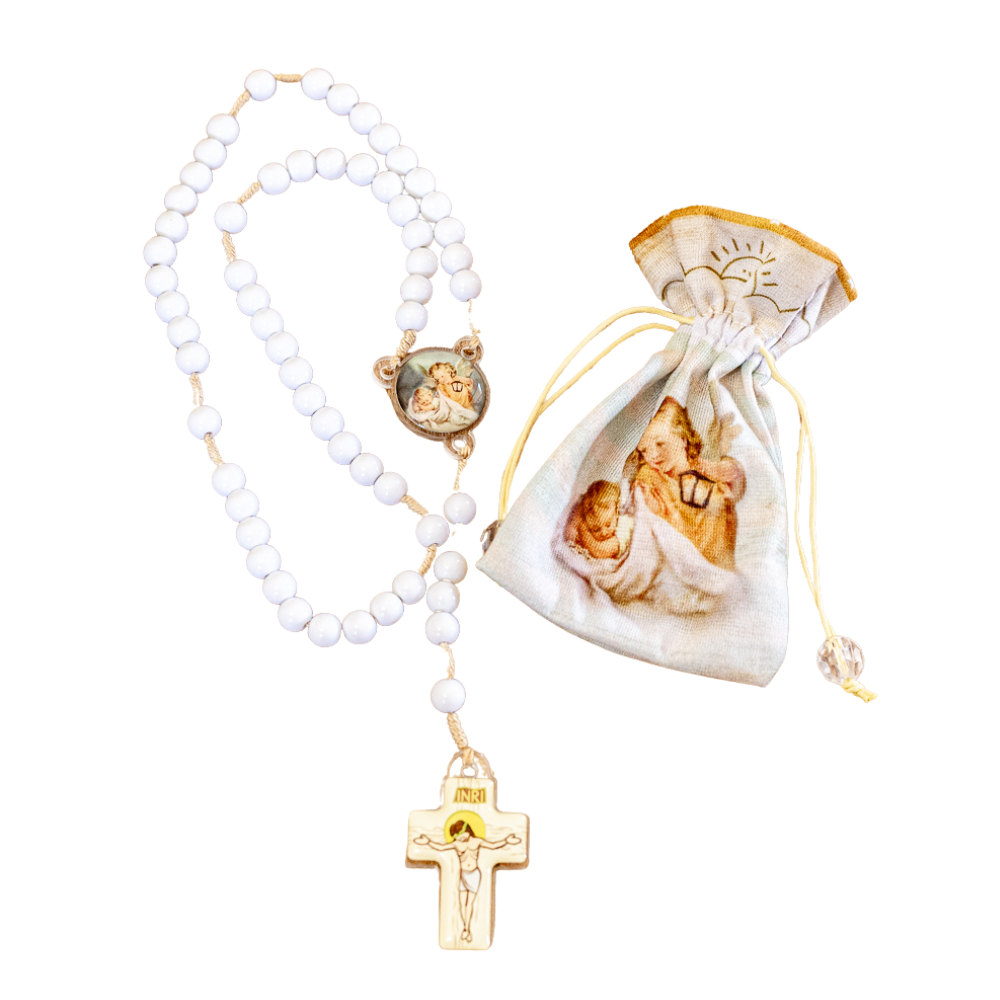 Terço Infantil Com Saquinho - Anjo da Guarda Branco