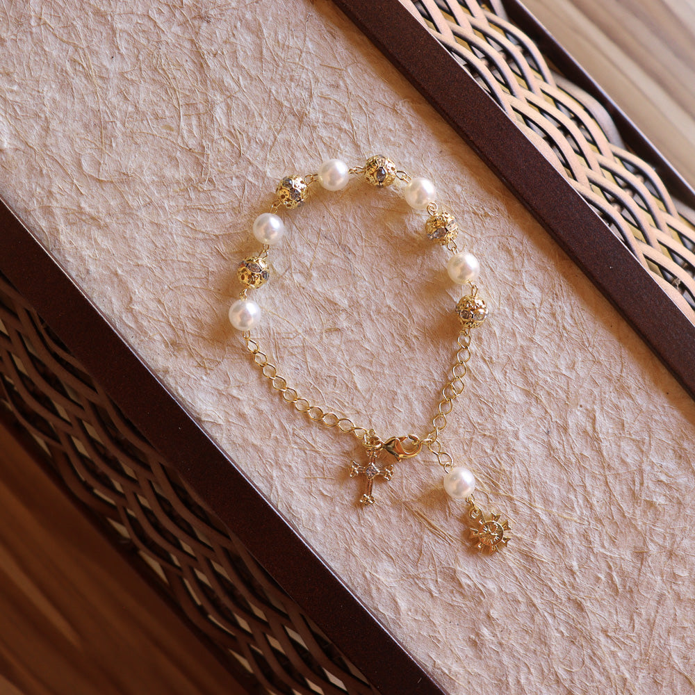 Pulseira Dezena Pérola 8mm Strass Dourada