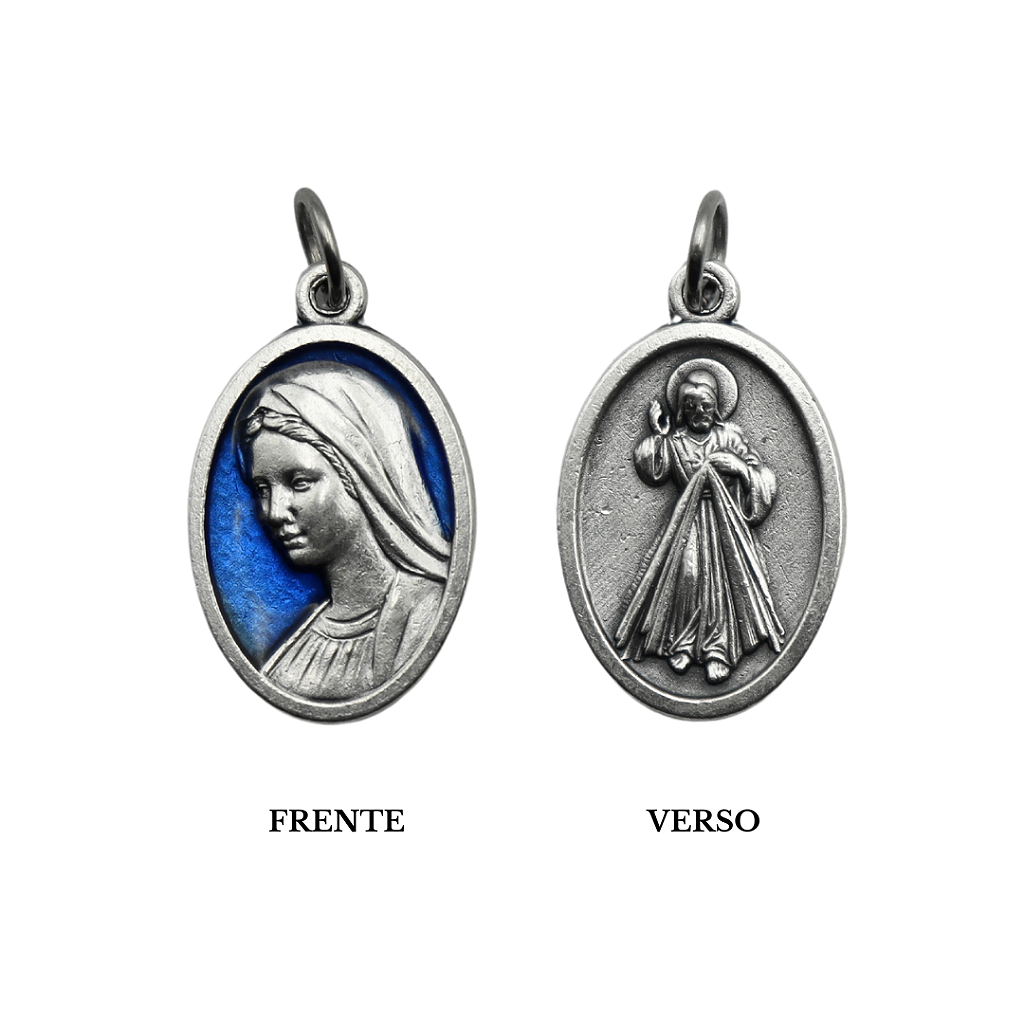 Medalha Rainha da Paz e Jesus Misericordioso 25 mm Resinada Azul - Medjugorje