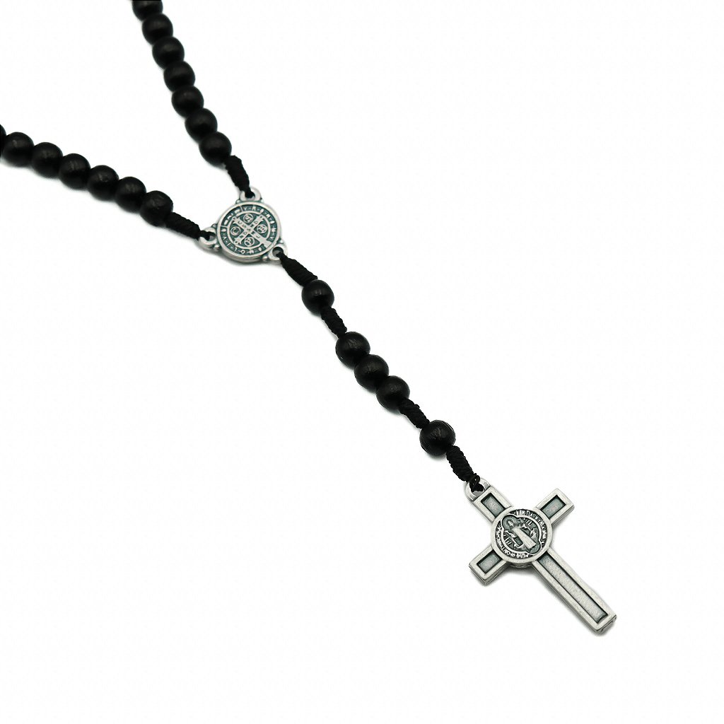 Terço Madeira Preta Cordão 6 mm São Bento Prata Velha