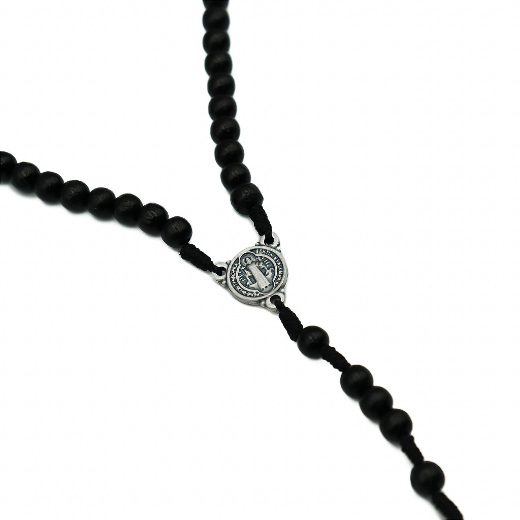 Terço Madeira Preta Cordão 6 mm São Bento Prata Velha