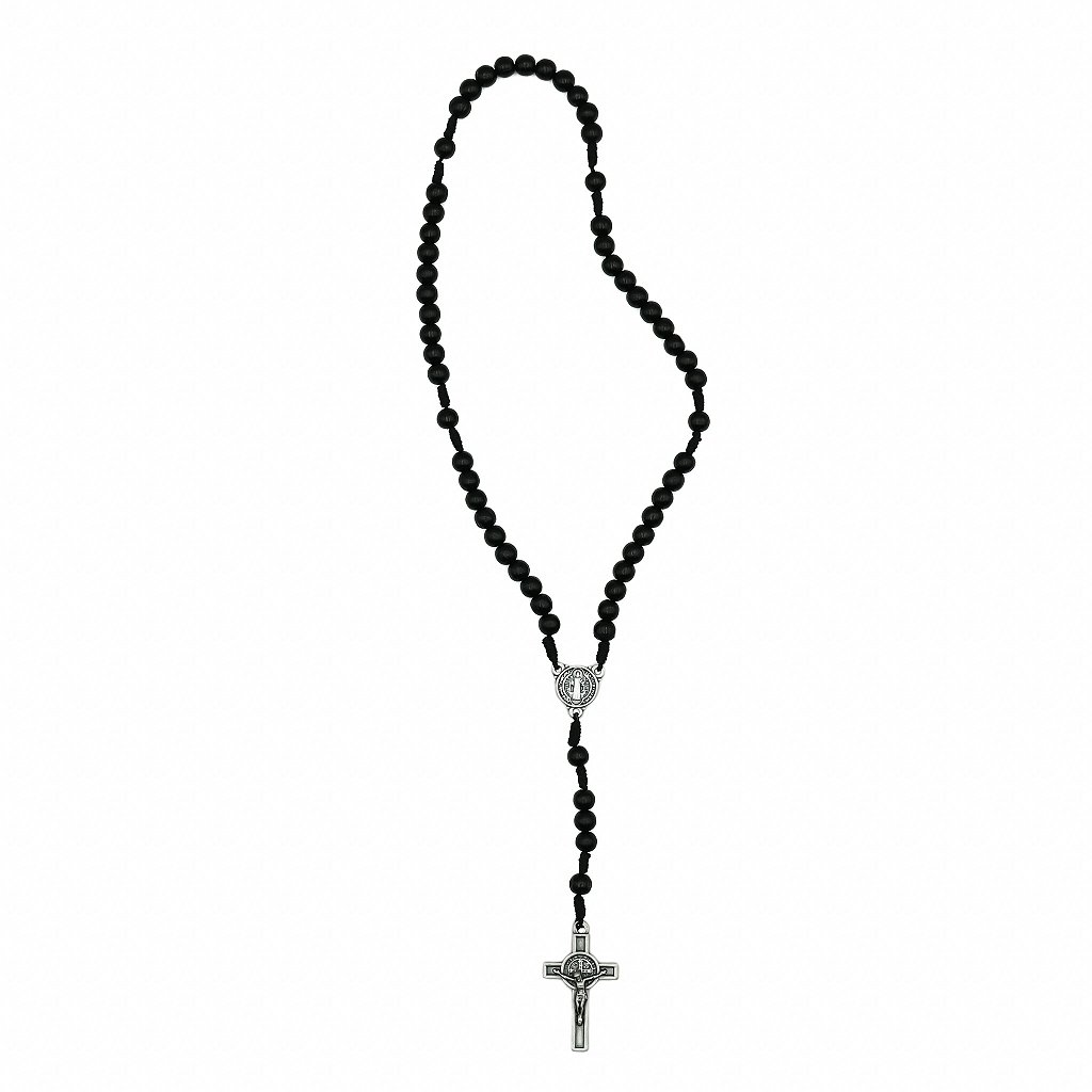 Terço Madeira Preta Cordão 6 mm São Bento Prata Velha