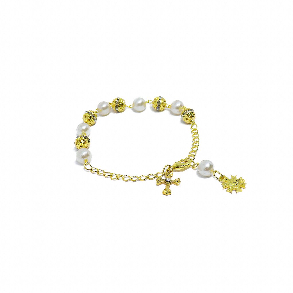 Pulseira Dezena Pérola 8mm Strass Dourada