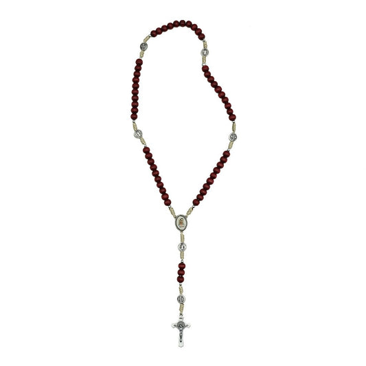 Terço madeira vermelho dezena medalha São Bento entre meio Rainha da Paz / Jesus Misericordioso - Medjugorje