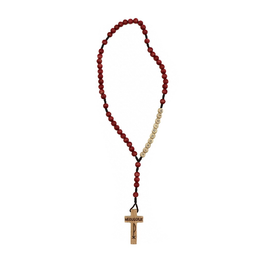 Terço madeira vermelho cordão marrom escuro com nome Medjugorje cruz de madeira