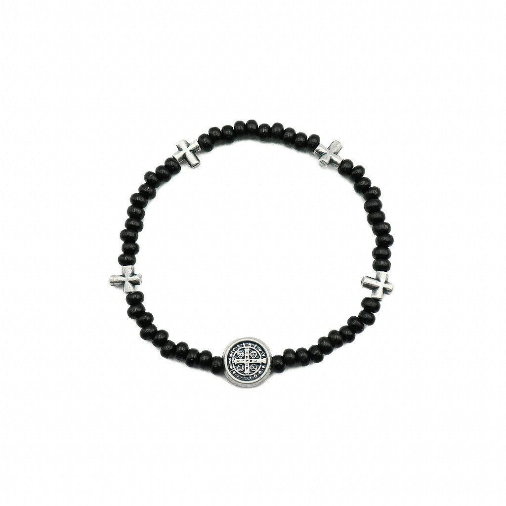 Pulseira Mini Terço na madeira Preta 4/3mm São Bento Prata Velha