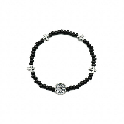 Pulseira Mini Terço na madeira Preta 4/3mm São Bento Prata Velha