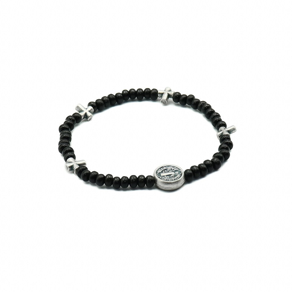 Pulseira Mini Terço na madeira Preta 4/3mm São Bento Prata Velha