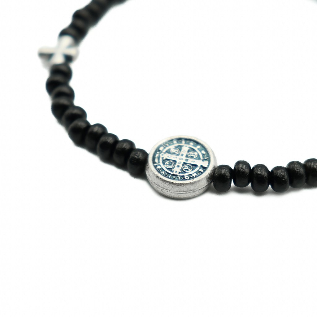 Pulseira Mini Terço na madeira Preta 4/3mm São Bento Prata Velha