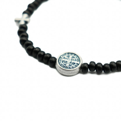 Pulseira Mini Terço na madeira Preta 4/3mm São Bento Prata Velha