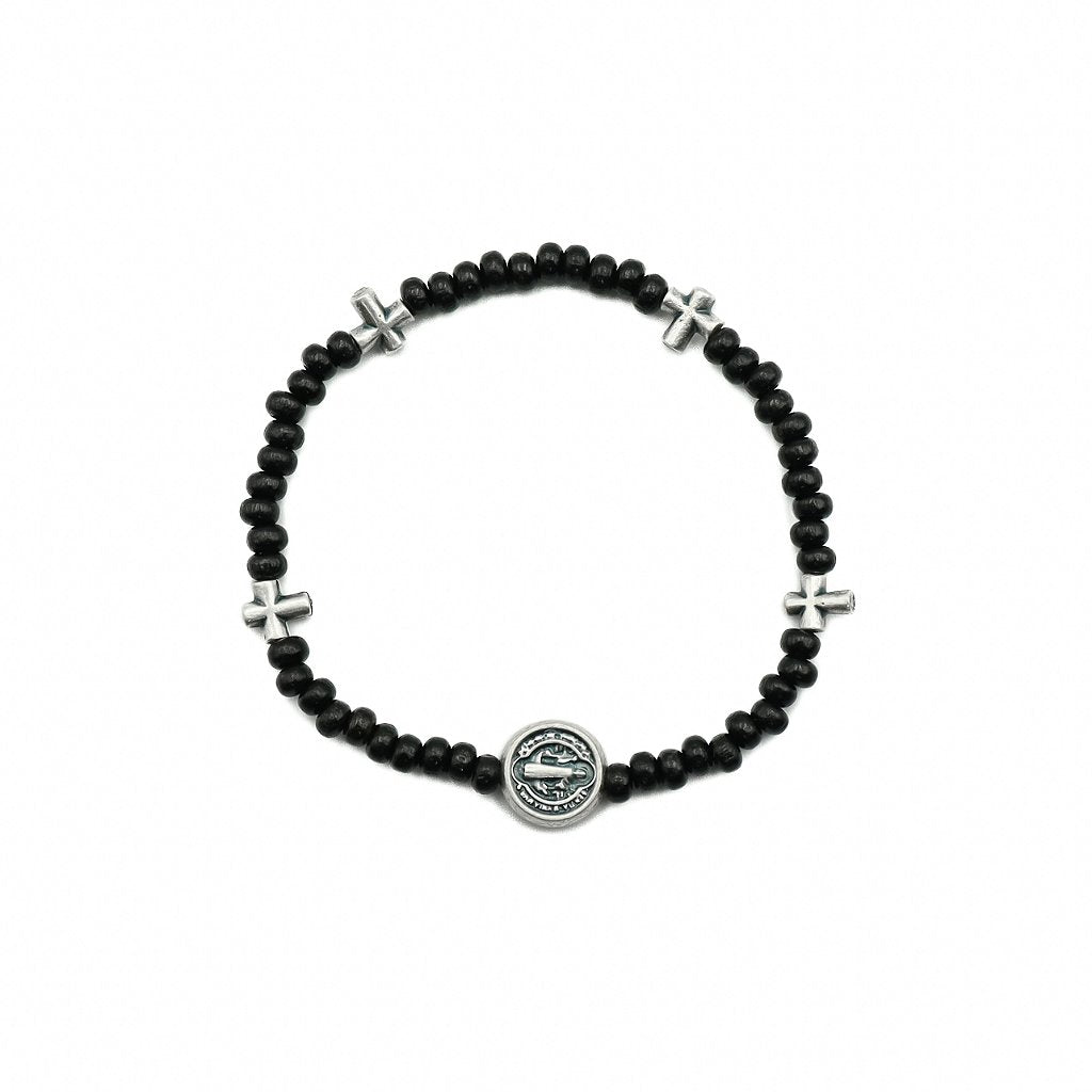 Pulseira Mini Terço na madeira Preta 4/3mm São Bento Prata Velha