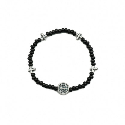 Pulseira Mini Terço na madeira Preta 4/3mm São Bento Prata Velha