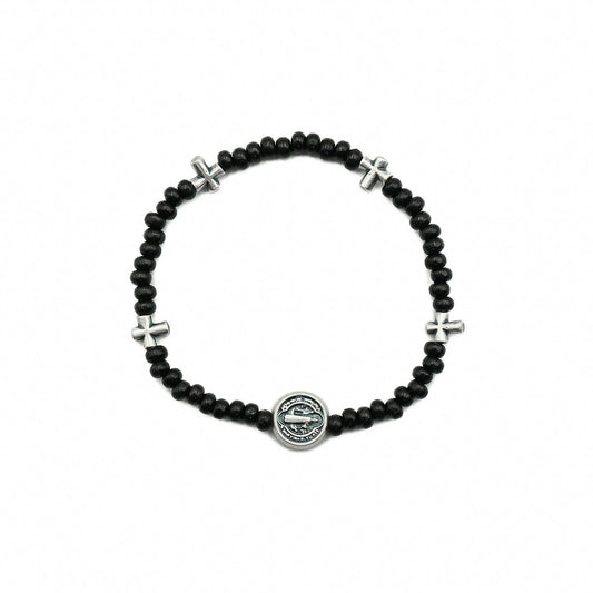 Pulseira Mini Terço na madeira Preta 4/3mm São Bento Prata Velha