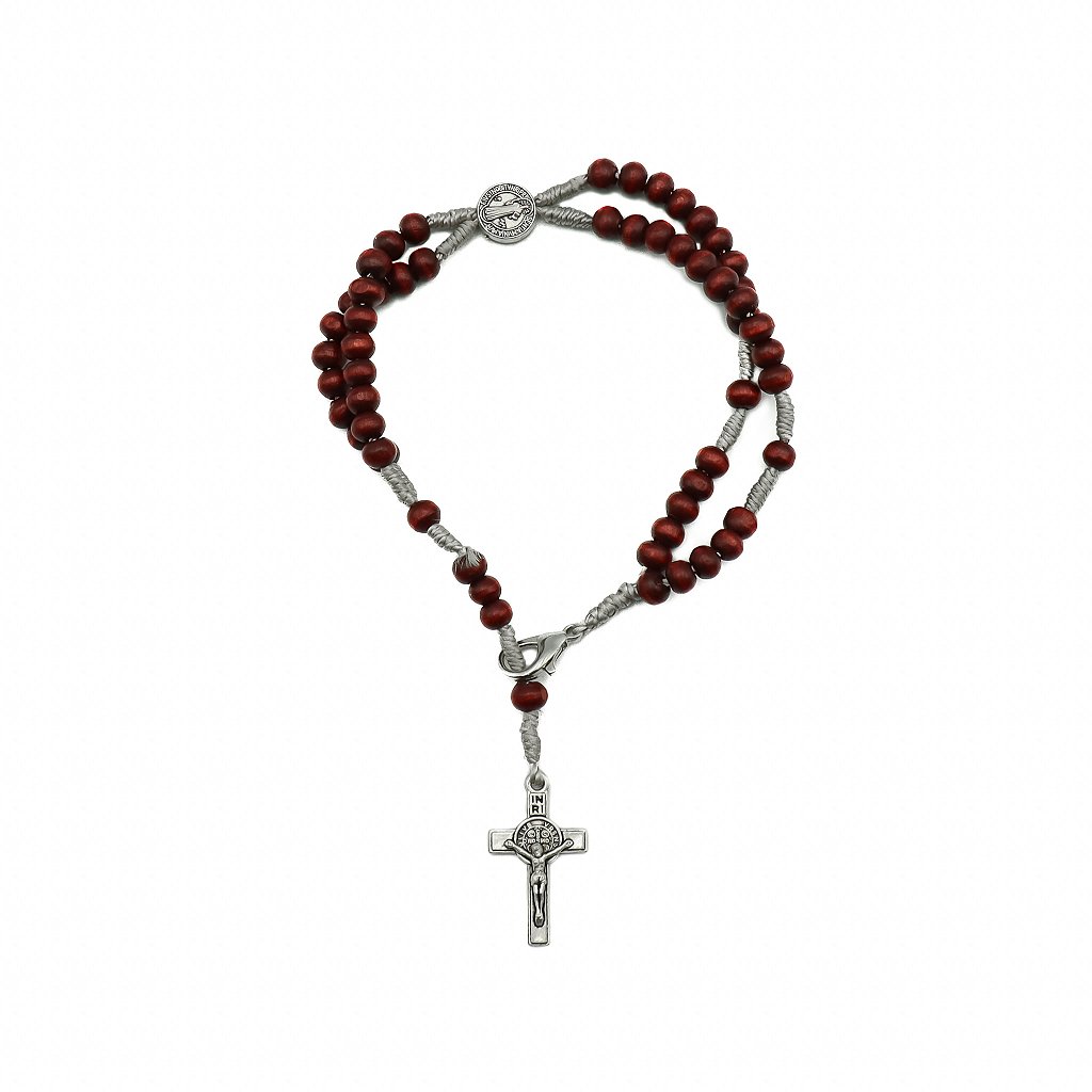 Terço Pulseira Madeira São Bento Cordão Cinza