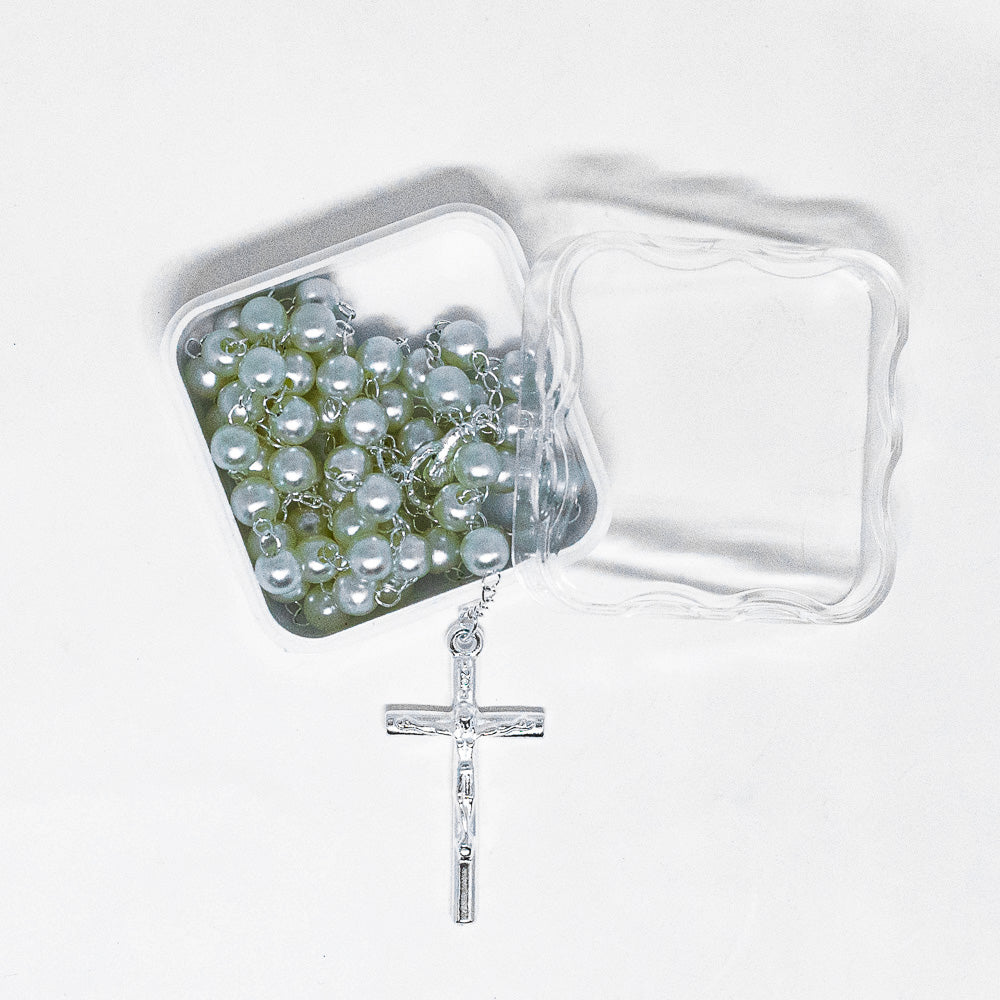 Terço Pérola 6mm na Caixinha de Acrílico - Branco