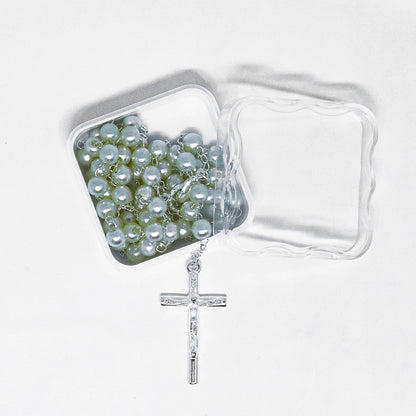 Terço Pérola 6mm na Caixinha de Acrílico - Branco