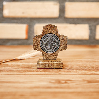 Cruz Quadrada Medalha São Bento Prata Velha Com Base para Painel de Carro