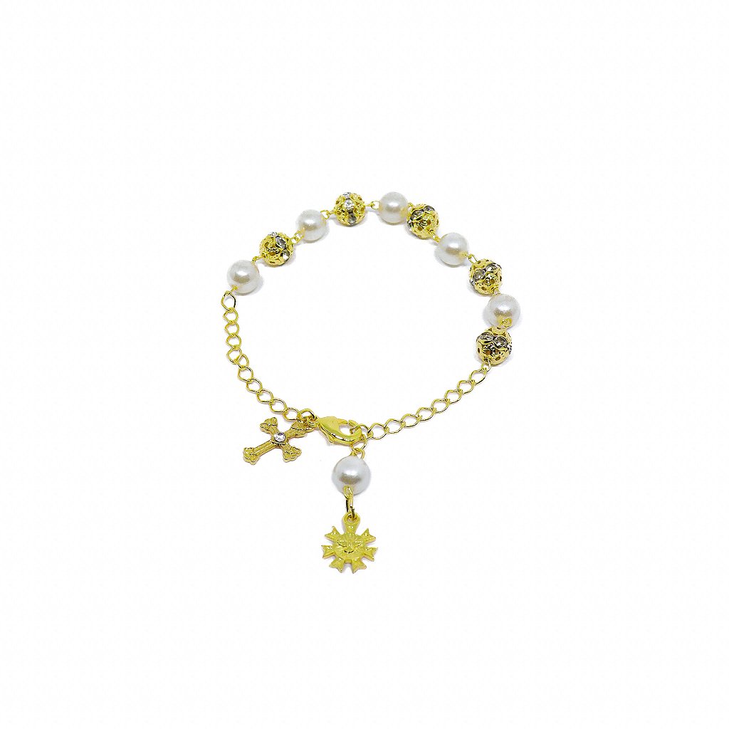Pulseira Dezena Pérola 8mm Strass Dourada