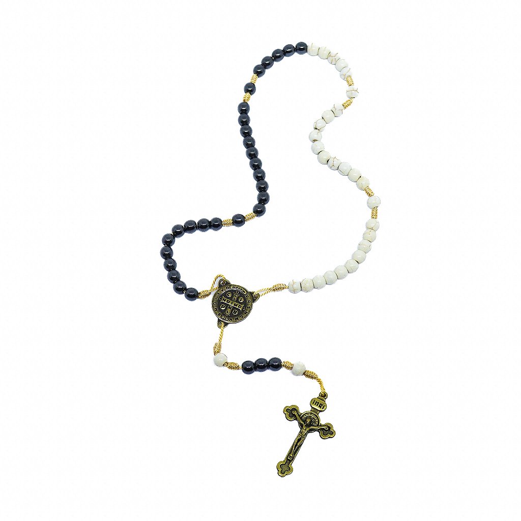 Terço São Bento Cerâmica Com Hematita Ouro Velho