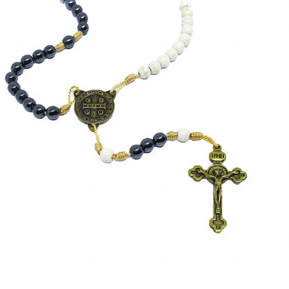 Terço São Bento Cerâmica Com Hematita Ouro Velho