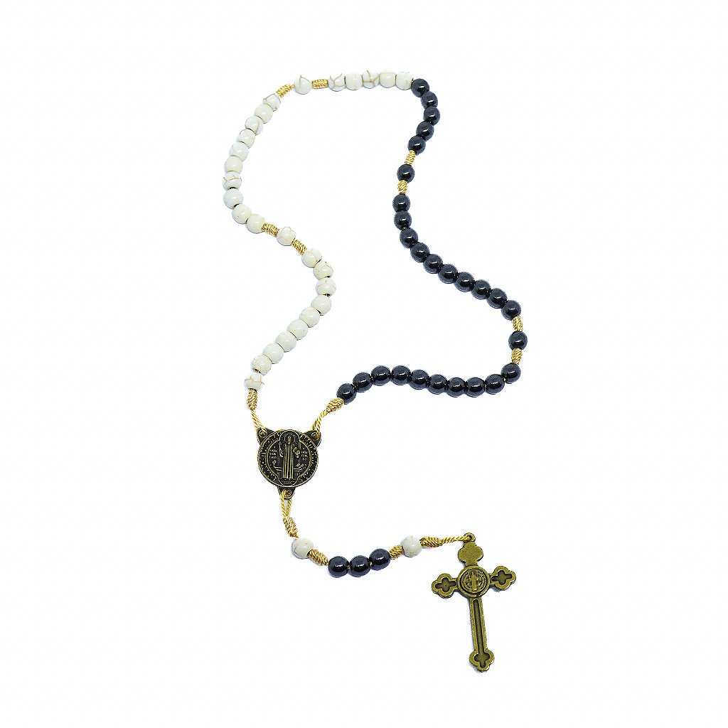 Terço São Bento Cerâmica Com Hematita Ouro Velho