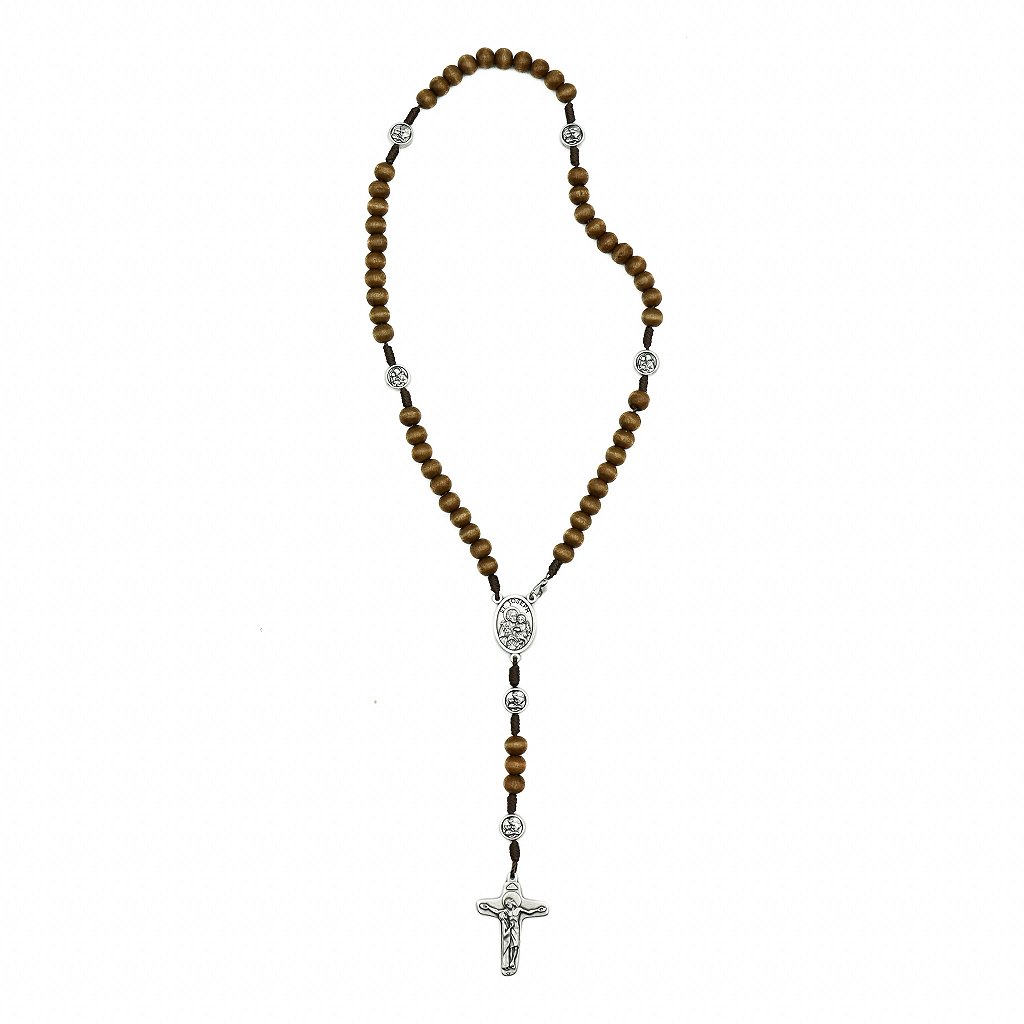 Terço madeira marrom claro de pescoço entre meio São José / Sagrada Família - Medjugorje