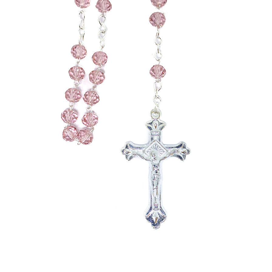 Terço Cristal 6mm Rosa - Nossa Senhora de Fátima