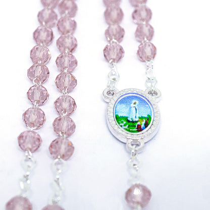 Terço Cristal 6mm Rosa - Nossa Senhora de Fátima