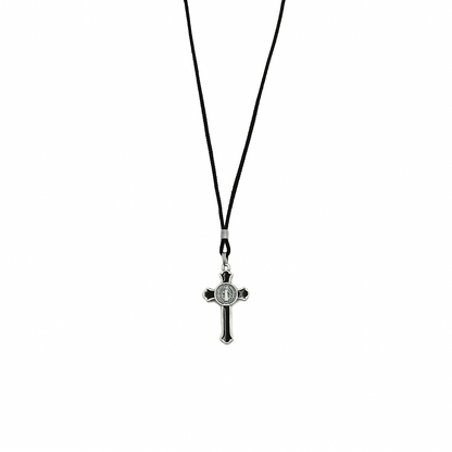 Colar Cruz Metal com Medalha São Bento Moldada Prata Velha Resinada
